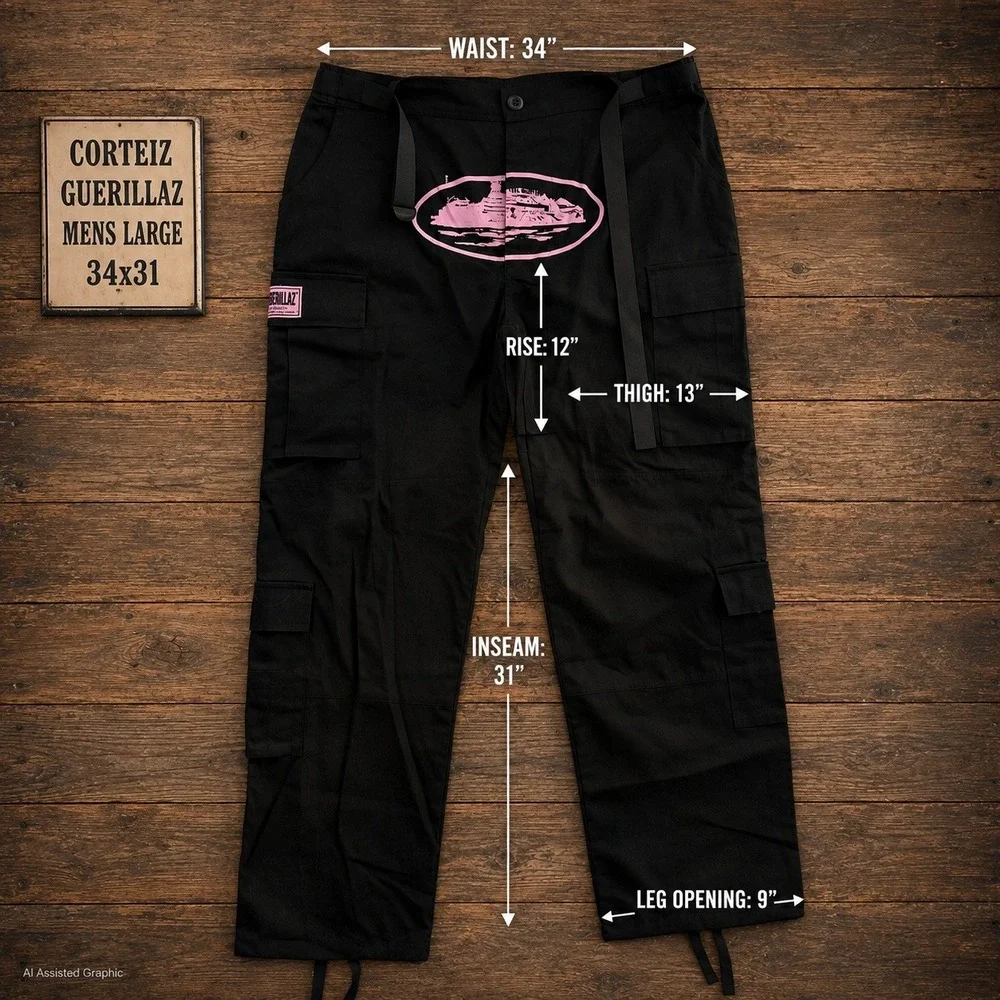 Corteiz Guerillaz Alcatraz Black Pink Ripstop Cargo Pants Mens Large 34x31 NWT